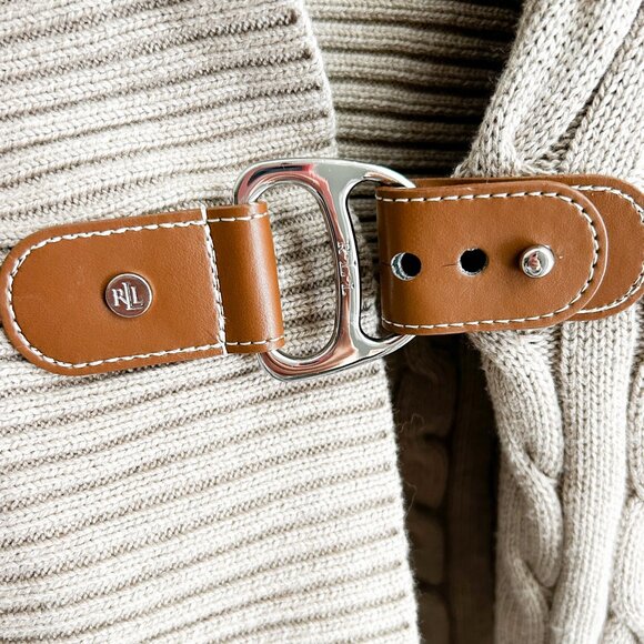 LAUREN RALPH LAUREN Cream Shawl Collar Cable Knit Sweater 100% Cotton XLarge - Picture 7 of 8